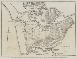 Karta över landet mellan Auckland och floden Waikato, Nya Zeeland, som illustrerar kriget med de infödda